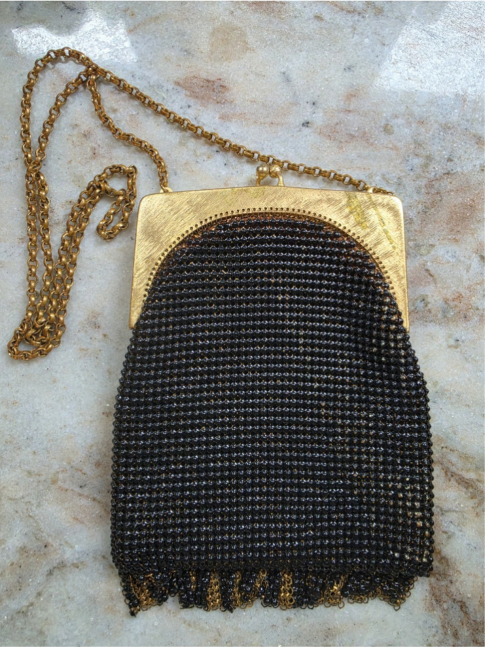 Vintage Whiting & Davis Black Gold Mesh Coin Purse Art Deco Style 2832 Pristine